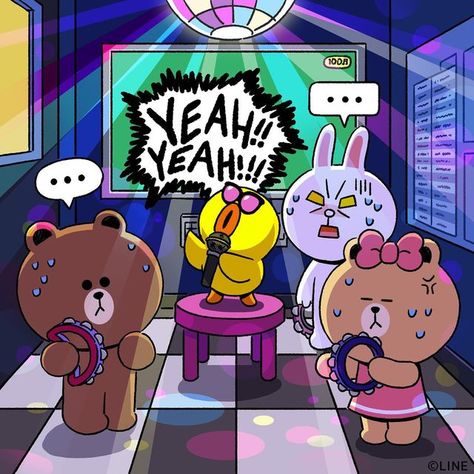 LINE FRIENDS_Official on Instagram: "LINE FRIENDS go to karaoke together! 🎤 🐻🐰🎀: SALLY,, enough is enough,, 🐤: ‘Enough’ isn’t in my vocabulary!!! Leave your favorite karaoke song in the comment!💕 #enough #karaoke #favoritesong #favsong #passthemic #BROWN #CONY #SALLY #CHOCO #LINEFRIENDS" Risograph Design, Brown And Cony, Hug Illustration, 25th Birthday Parties, Groovy Font, Karaoke Songs, Favorite Son, Cute Doodle Art, 25th Birthday