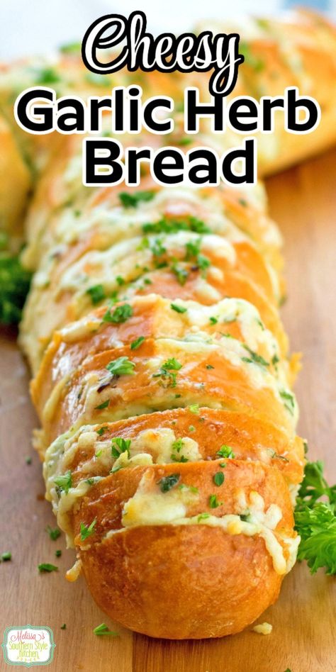 Cheesy Garlic and Herb Bread Garlic Herb Bread Recipe, Garlic And Herb Bread, Garlic Herb Bread, Cheesy Garlic Bread Recipe, Party Bread, Homemade Garlic Bread, Loaves Of Bread, Tgi Fridays, Garlic Cheese Bread