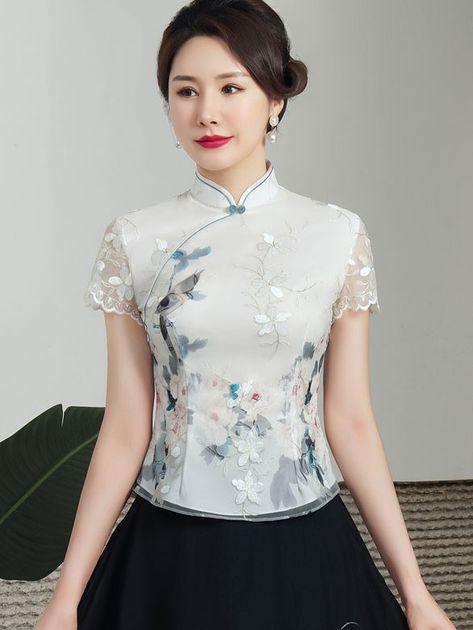 2022 Floral Embroidered Qipao / Cheongsam Blouse Top - CozyLadyWear Pink Qipao, Cheongsam Shirt, Qipao Top, Chinese Blouse, Qun Kwa, Asian Couture, Women Blouses Fashion, Qipao Cheongsam, Qipao Dress