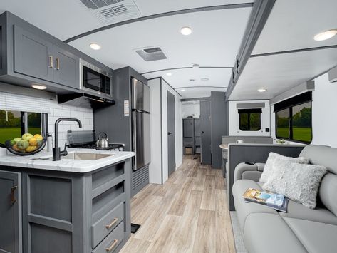 Grey And White Rv Interior, Grey Rv Interior, Gray And White Rv Interior, Painted Gray Cabinets, Rv Cabinets, Lightweight Travel Trailers, Glamper Camper, Camper Reno, Rv Interior Remodel