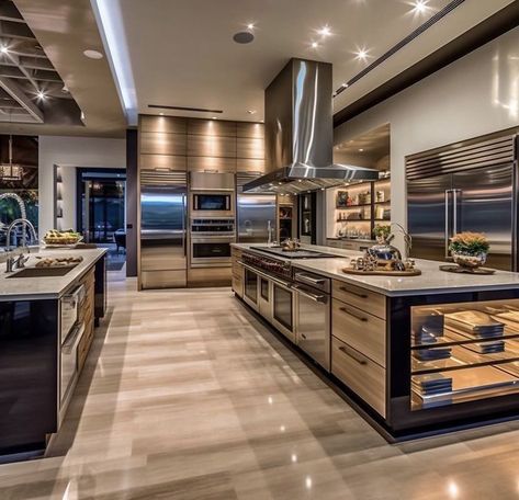 Luxury Chef Kitchen Home, Big Houses Interior Kitchens, Gourmet Kitchen Design Open Concept, Mansion Kitchen Luxury Modern, Huge Kitchen Luxury, Chef Kitchen Home, Big Open Kitchen, Giant Kitchen, Chefs Kitchen Design