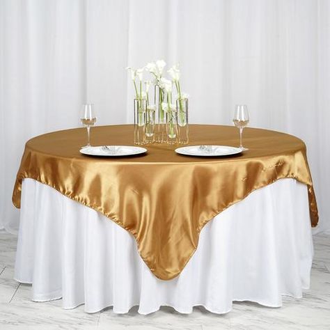 72" x 72" Gold Seamless Satin Square Tablecloth Overlay Table Decorations Gold, Gatsby Theme, Table Overlays, Party Catering, Chair Sashes, Satin Roses, Square Tablecloth, Party Table Decorations, Gold Overlay