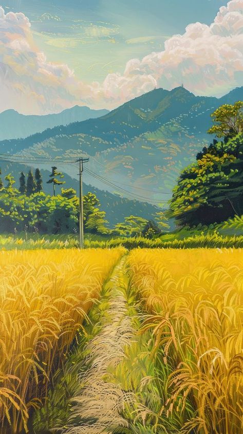 Agriculture Aesthetic Background, Rice Field Aesthetic, Rice Field Drawing, Rice Field Illustration, Agriculture Wallpaper, Rice Field Photography, Green Background Landscape, Rice Field Background, Rice Field Painting