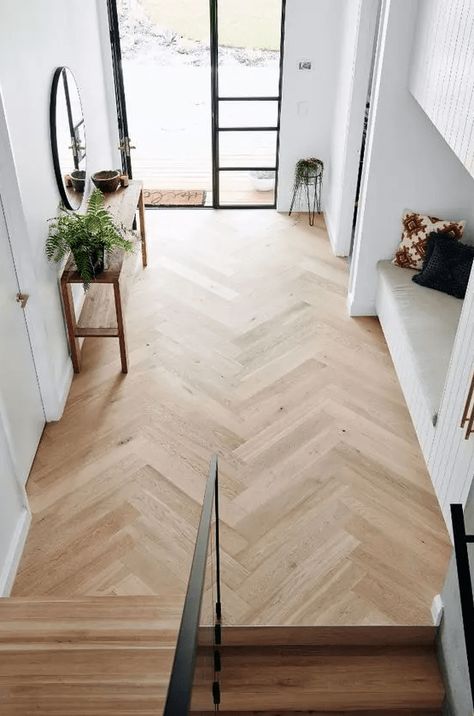 Parquetry Flooring Herringbone, Flooring Ideas Parquet, Light Oak Parquet Flooring, Oak Flooring Herringbone, Timber Flooring Living Room, Timber Flooring Ideas, Timber Floors Living Room, Living Room Parquet Floor, Oak Herringbone Floor Hallway