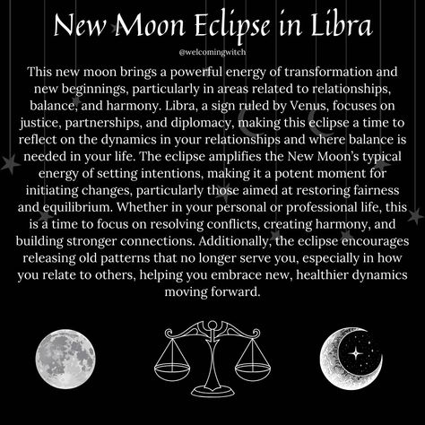 The New Moon Solar Eclipse in Libra on October 2nd, 2024, will bring intense energy for growth, particularly in relationships, communication, and resolving conflicts. As Libra rules partnerships, balance, and diplomacy, this eclipse is a powerful time to address any imbalances in your relationships and set intentions for harmony moving forward. . . . . . . . . . #witchlife #witchesofinstagram #moonmagick #witch #witchcraft #pagan #spiritual #Spirituality #witchytips #witchyaesthetic #babywitc... New Moon Solar Eclipse, Resolving Conflict, Set Intentions, Moon Eclipse, Solar Eclipse, New Moon, Moving Forward, New Beginnings, Communication