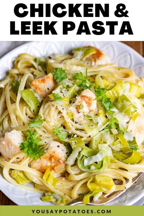 This one-pot Chicken and Leek Pasta is easy and tasty. Tender leeks, chicken, pasta, and seasonings combine in a simple alfredo cream sauce. Leeks Recipe Healthy, Leek Recipes Side Dishes, Leeks Pasta Recipe, Chicken And Leek Casserole, Chicken And Leek Recipes, Chicken And Leek Pie, Leek Pasta, Leek Recipes, Cream Pasta