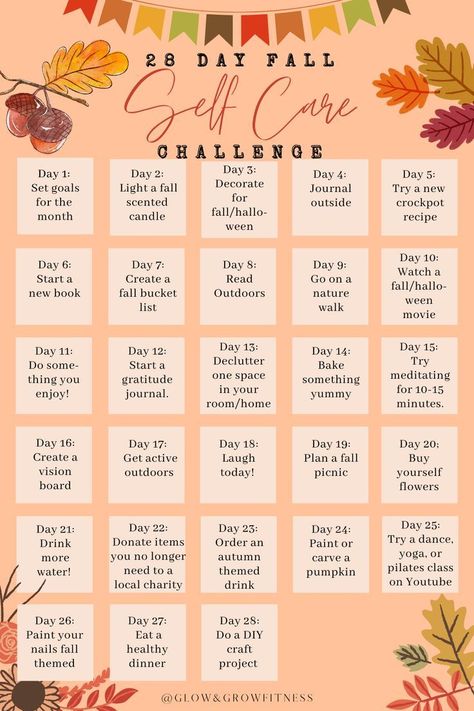 30 Day Fall Challenge, Autumn Self Care Challenge, Fall Challenge Ideas, October Wellness Challenge, Fall Wellness Tips, Fall Bucket List For Single Women, October Daily Challenge, October Self Care Ideas, Fall Self Care Challenge