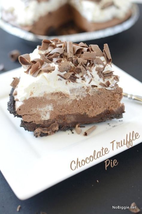 Chocolate Truffle Pie - this pie is so good! | get the recipe on NoBiggie.net Chocolate Truffle Pie, Truffle Pie, Pie Night, Rich Chocolate Dessert, Future Chef, Gf Food, Chocolate Cream Pie, Creative Recipes, Chocolate Truffle