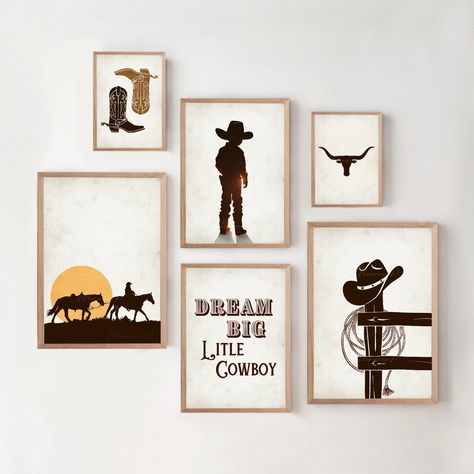 ♥✨SET OF 6 WESTERN COWBOY THEMED SILHOUETTE ART PRINTS WITH A RUSTIC PAPER BACKGROUND✨♥ ✨Why Choose Our Art Prints: * Elevate your child's room with high-quality artwork.  * Delight in the enchanting themes and vivid colors designed to captivate young hearts. * Perfect for nurseries, playrooms, or bedrooms, and makes a thoughtful gift. * Your purchase supports an independent artist who specializes in creating magical art for children.  ✨ Please be aware that this design is an INSTANT DIGITAL DOW Ranch Themed Nursery, Western Theme Nursery Boy, Cowboy Room Boys, Cowboy Toddler Room, Cowboy Bedroom Boys, Western Toddler Room, Cowboy Baby Room, Vintage Western Nursery, Cowboy Nursery Baby Boy