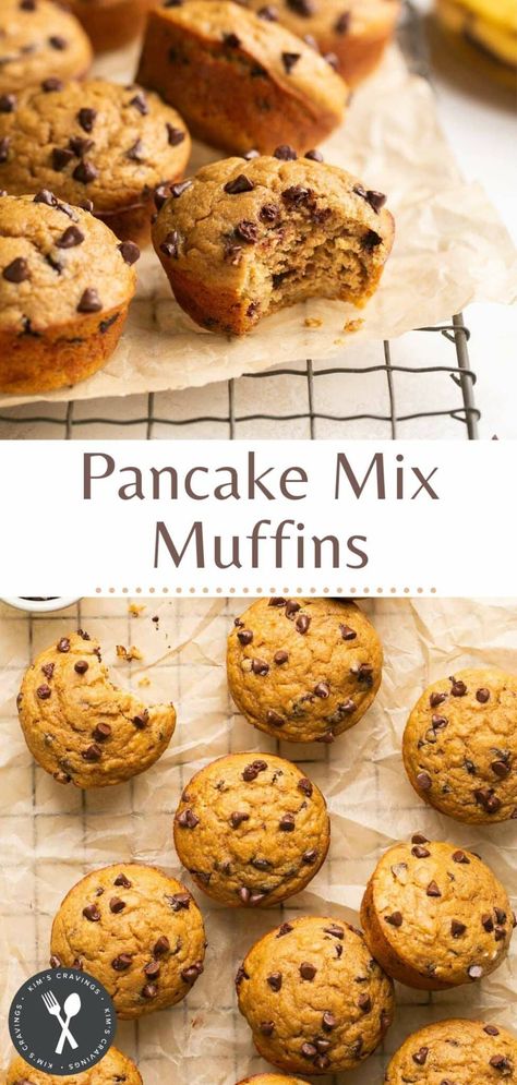 Fluffy and delicious Chocolate Chip Banana Pancake Muffins are easy to make with wholesome ingredients like Kodiak Cakes pancake mix, almond milk and bananas. They’re perfect for a quick breakfast or snack on-the-go! Banana Pancake Muffins, Krusteaz Pancake Mix Recipes, Easy Banana Chocolate Chip Muffins, Pancake Mix Muffins, Banana Protein Muffins, Banana Chocolate Chip Pancakes, Banana Protein Pancakes, Banana Muffins Easy, Protein Pancake Mix