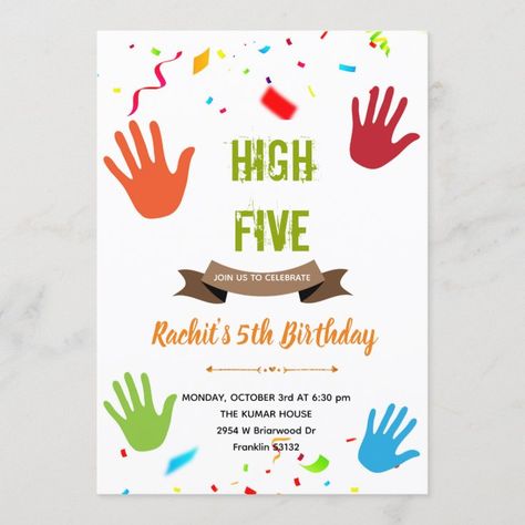 Create your own Invitation | Zazzle Hi 5 Birthday Invitation, Five Birthday Theme, High 5 Birthday Party Theme, Officially A Handful 5th Birthday, Boy 5th Birthday Party Themes, Fifth Birthday Theme, High Five Birthday Party, 5th Birthday Ideas For Boys, Bday Invitation Card