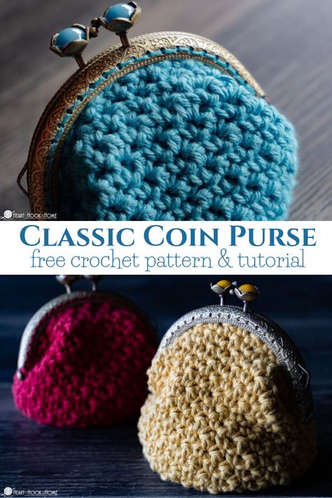 This Classic Coin Purse crochet pattern doubles as a tutorial on how to sew a kiss clasp to a crocheted piece. Make one with this easy-to-follow tutorial. Crochet A Purse Free Pattern, Kiss Clasp Crochet Purse Pattern, Crochet Kiss Clasp Coin Purse Pattern, Crochet Clasp Coin Purse Free Pattern, Crocheted Coin Purse Free Pattern, Crocheted Coin Purse, Kiss Clasp Purse, Kiss Clasp Purse Pattern, Change Purse Diy