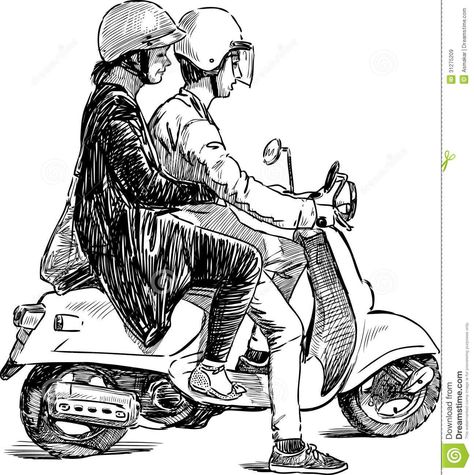 Wedding Vespa, Scooter Couple, Couple On Motorcycle, Vespa Vector, Motorcycle Vector, Buddhist Art Drawing, Perspective Sketch, Life Sketch, Pen Art Work