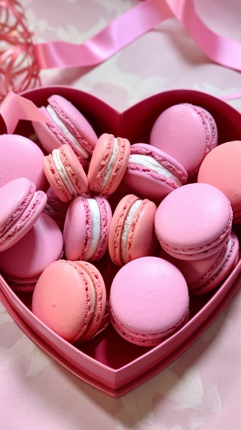 Assortment of pink-toned macarons arranged in a heart-shaped box, showcasing various shades of pink from pastel to vibrant, embodying a feminine and romantic aesthetic Happy Birthday In Pink, Shaped Macarons, Pink Macarons, All Things Pink, Valentines Surprise, Pink Food, Color Aesthetic, Pink Foods, Cute Pastel Wallpaper