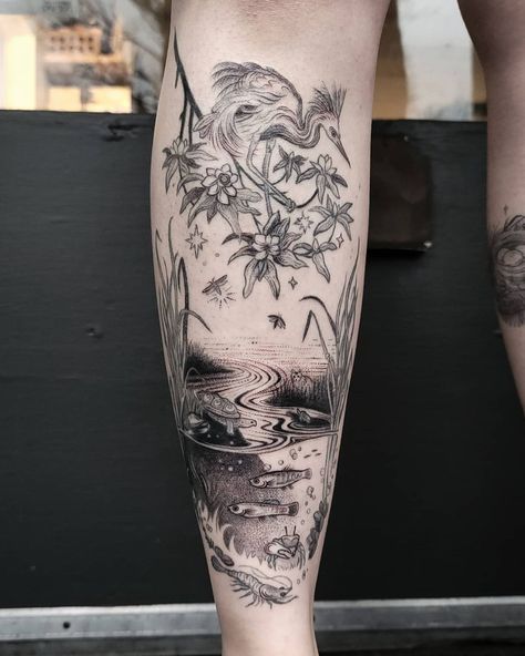 Ruby Lee on Instagram: “2+ years healed! Just touched up this coastal marsh scene for Audrey. Its always fun revisiting old work and seeing how my style/technique…” Marshland Tattoo, Marsh Tattoo Ideas, Tattoo Collection Sleeve, River Scene Tattoo, Garden Scene Tattoo, Pond Tattoo Sleeve, Scenery Tattoo Women, Ocean Landscape Tattoo, Swamp Tattoo Sleeve