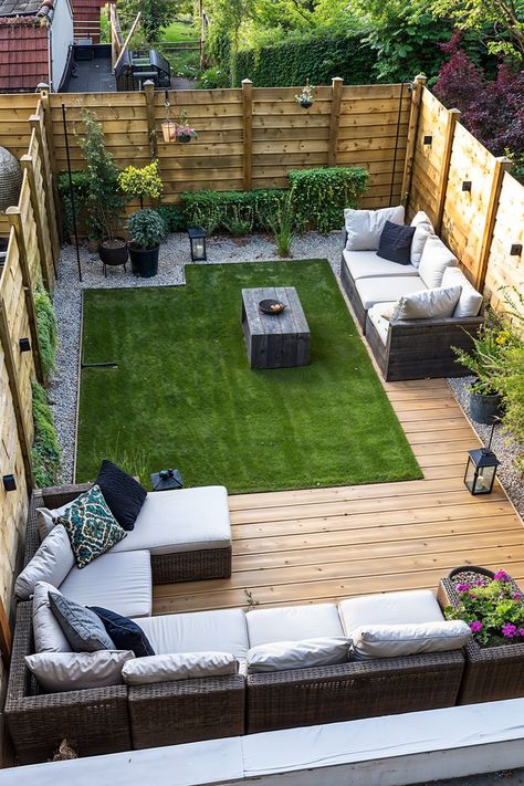 small yard design with deck, sofa, grass and stone garden bed Ground Deck, Small Garden Landscape, Backyard Seating Area, Courtyard Gardens Design, Modern Backyard Landscaping, Deck Designs Backyard, Backyard Renovations, Backyard Remodel, Modern Backyard