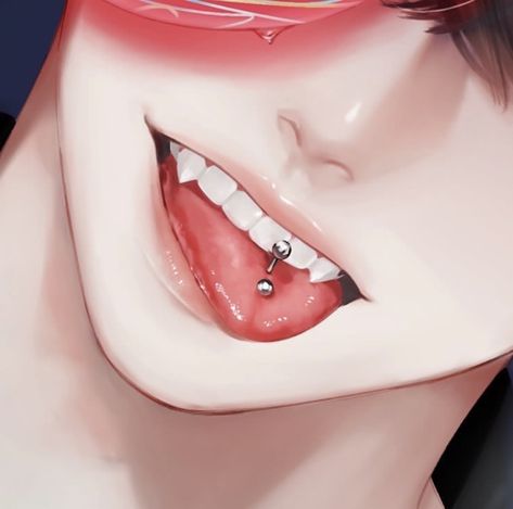 Anime Tongue Piercing, Tongue Drawing Anime, Tongue Piercing Drawing Reference, Mouth Tongue Reference, Anime Mouth Fangs, Anime Mouth Drawing Fangs, Tongue Out Pose Drawing, Lips With Tongue Out, Lip Art Reference