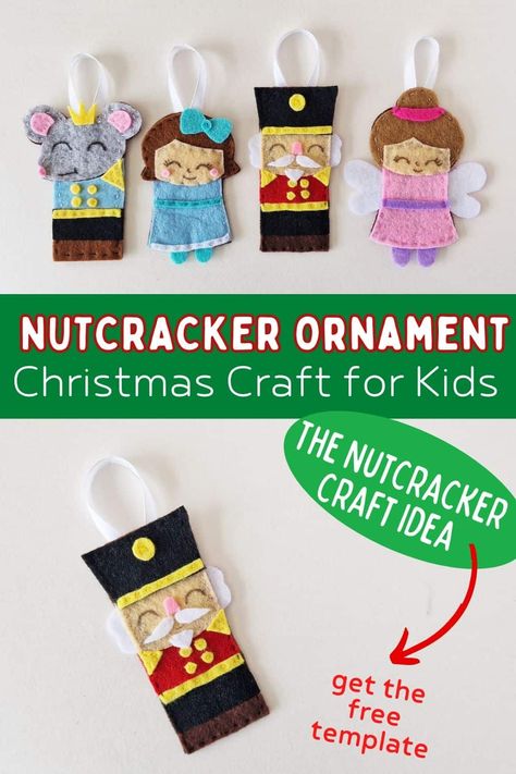 DIY Felt Nutcracker Ornament Diy Nutcracker Ornament Ideas, Nutcracker Felt Pattern, Nutcracker Ballet Ornaments Diy, Nutcracker Christmas Ornaments Diy, Nutcracker Ornaments Diy Kids, Popsicle Nutcracker, Nutcracker Crafts Preschool, Nutcracker Felt Ornaments, Nutcracker Christmas Decorations Diy