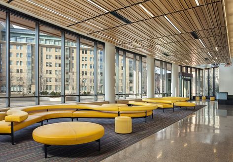 Lobby at the new MassArt Student Residence Hall designed by architecture and design firm ADD Inc in Boston Student Residence, Lucy Chen, Student Lounge, Interior Design Colleges, Lobby Seating, Residence Hall, Office Lobby, Student Housing, Architecture Landmark