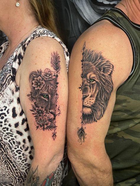 Half Lion Tattoo For Women, Matching Tattoos Lion And Lioness, Lion And Lioness Couple Tattoo Design, Male And Female Lion Tattoo Together, Couple Lion And Lioness Tattoo, King And Queen Lion Tattoo For Couples, Lion And Lioness Tattoo, King Queen Tattoo, Lioness Tattoo Design