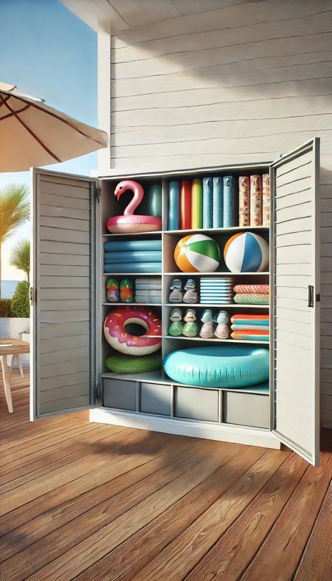 15 Smart Pool Float Storage Ideas to Maximize Space 24 Outdoor Pool Storage Ideas, Pool Storage Ideas Organizations, Pool Chemical Storage Ideas, Pool Equipment Shed, Poolhouse Bathrooms, Side Yard Pool, Outdoor Pool Storage, Pool Float Storage Ideas, Pool House Storage