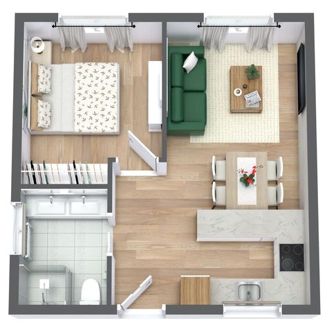 Check out the rare double sink in this tiny house floor plan idea. Perfect for couples. Browse our floor plans and customize today. Tiny House Floor Plan, Small Apartment Plans, Small House Blueprints, One Bedroom House, Small House Layout, Tiny House Interior Design, Sims Builds, Tiny House Layout, Small House Floor Plans