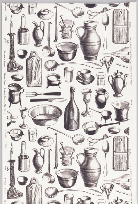 BATTERIE DE CUISINE, 1965–68 Kitchen Tools Drawing, Utensils Drawing, Kitchen Vector, Tools Illustration, Figure Sketches, End Papers, Kitchen Objects, Tools Drawing, Cooper Hewitt