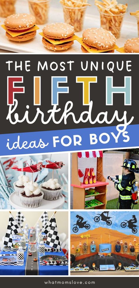 Unique 5th birthday party ideas for boys | Celebrate turning 5 with these creative fifth birthday themes using play on words and puns + ideas for decorations, invitations, food, favors and more. 5th Bday Party Ideas Boys, 5th Birthday Boy Themes, 5th Birthday Ideas For Boys Themes, Kids Birthday Themes Boys, 5th Birthday Ideas For Boys, Birthday Ideas For Boys, Unique Birthday Party Themes, Unique Birthday Ideas, Unique Birthday Party Ideas