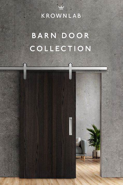 Modern sliding barn door made of vertical American Ash wood in premium finishes with modern sliding door hardware in brushed stainless finish by Krownlab. Entry Architecture, Barndo Plans, Japandi House, House And Wilson, Bill Burr, Modern Backyard Landscaping, Barn Interior, Barn Style House Plans, Pump House