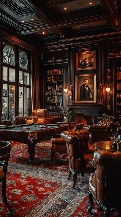 Piano In Library, Speakeasy Library, Dark Wood Bookshelves, Apartment Library, Luxurious Library, Luxury Home Library, Elegant Library, Bar Lounge Room, Classic Bookshelves