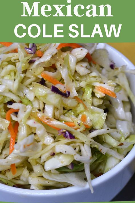 If you are looking for a fresh and flavorful alternative to traditional Southern coleslaw, you will love this Mexican Cabbage Slaw. Made with a honey lime dressing instead of mayo, this Mexican coleslaw is perfect for outdoor parties and entertaining. Serve with your favorite Mexican dish, add it to tacos or pair with all of your favorite summer grilling recipes. This slaw recipe is made easy with bagged slaw mix but can be customized with your favorite veggies and mixins. #mexicanslaw Vinegar Slaw For Tacos, Mexican Style Coleslaw Recipe, Mexican Cabbage Salad Recipes, Cuban Coleslaw Recipe, Southwestern Coleslaw Recipe, Mexican Slaw Recipe, Mexican Cabbage Slaw, Mexican Cole Slaw, Mexican Coleslaw Recipe