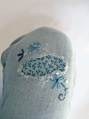 I patched my favorite old jeans with a little embroidery. :)  I spilled bleach on my favorite jeans, so I need to make a clever patch!!! Flowers, Embroidery, Old Jeans, Blue