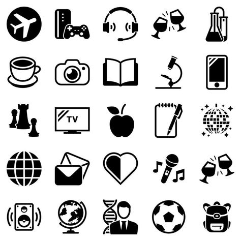 Set of simple icons on a theme Hobbies, entertainment, vector, design, collection, flat, sign, symbol,element, object, illustration. Black icons isolated against white background Object Illustration, Life Of Walter Mitty, Bond Paper Design, Entertainment Logo, Flat Design Icons, Simple Signs, Digital Art Beginner, Simple Icon, Drawing Lessons