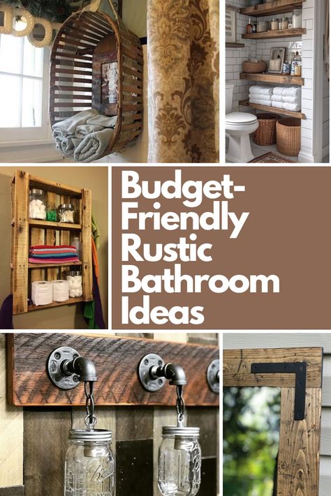 Transform your small bathroom into a rustic retreat without spending a fortune! These 11 expert ideas include reclaimed wood accents, vintage mirrors, and DIY pallet shelves to add charm and warmth. Discover how mason jar accessories, barn doors, and rustic lighting can create a cozy vibe while staying on budget. Perfect for anyone looking to refresh their bathroom with a touch of rustic elegance and creativity! Rustic Bathroom Shelves Over Toilet, Mountain Cabin Master Bath, Rustic Soap Dispenser, Rustic Bathroom Organization Ideas, Small Farm Bathroom Ideas, Rustic Bathroom Lighting Ideas, Old Country Bathroom, Rustic Industrial Bathroom Ideas, Bathroom Remodel On A Budget Farmhouse