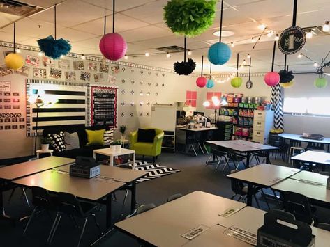 Stringing Lights In Classroom, String Lights In Classroom Ceiling, Cafe Lights In Classroom, Hanging String Lights In Classroom, Classroom Hanging Lights, Classroom Decor With Lights, Classroom Lantern Decor, College Themed Classroom, Classroom With Lights