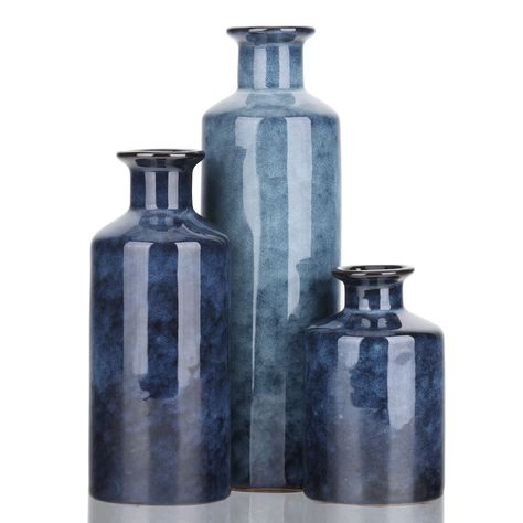 PRICES MAY VARY. Blue Vases For Decor - Showcase Your Style With This Decorative Blue Ceramic Vase Set Of 3. Create A Space In Your Home With Refined Rustic, Yet Elegant And Effortlessly Beautiful Home Décor Pieces, Perfect For All Seasons And Holidays. Blue Ceramic Vases Have A Delicate Texture And Are Easy To Wash Maintenance Free Modern Farmhouse Vases Decor- (Measuring 3"L X 3" W X 10" H; 3"L X 3" W X 7.5"H; 3"L X 3" W X 5"H ) This Decorative Vase Set Can Be Used In Many Different Ways. Blue Blue And Gray Vases, Organic Blue Vase, Blue Marble Vase, Blue Farmhouse Vase, Dusty Blue Glass Vase, Cobalt Vases, Farmhouse Vases Decor, Farmhouse Vases, Blue Vases