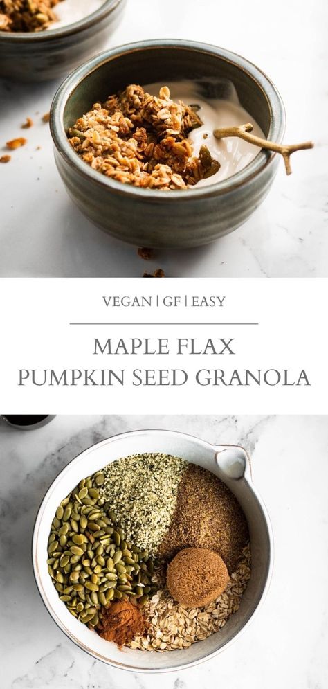 A sweet maple flax pumpkin seed granola with big clumps. This granola is packed with oats and seeds and flavored with a hint of cinnamon and vanilla. It's also vegan and can easily be made gluten-free with gluten-free oats. | Nourished by Caroline #vegan #vegetarian #granola #breakfast #veganbreakfast #glutenfree #glutenfreebreakfast #healthyrecipes #healthybreakfast #breakfastrecipes #nutfree Granola With Pumpkin Seeds, Seed Cycling Granola, Grainfree Granola, Pumpkin Flax Granola, Pumpkin Seed Granola, Vegan Granola Recipe, Flax Granola, Seed Granola, Vanilla Granola