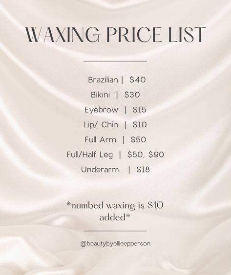 Waxing Price List Ideas, Price List Esthetician, How To Start A Waxing Business, Waxing Supplies List, Wax Price List, Esthetician Facial Price List, Waxing Suite Decor, Esthetician Marketing Waxing, Esthetician Supply List