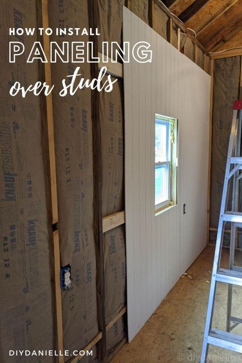 Diy Shed Renovation, How To Put Up Wall Paneling, How To Put Paneling On Wall, Wood Paneling Cover Up Ideas, She Shed Remodel, Shed Ceiling Ideas Interiors, How To Hang Paneling, Install Paneling On Wall, Installing Paneling On Walls