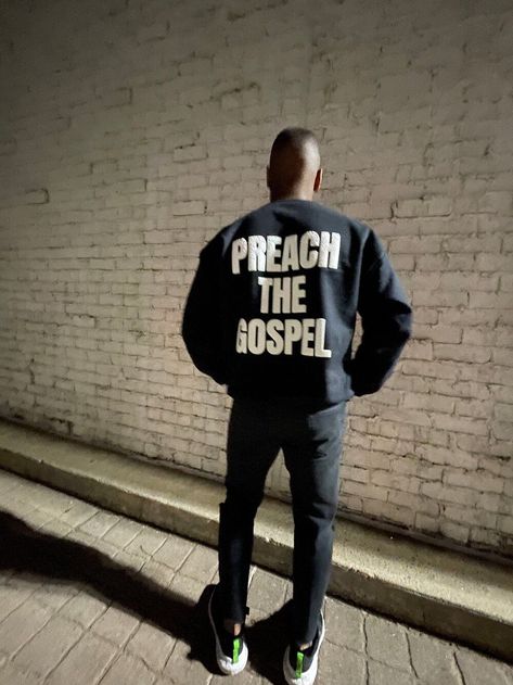 Preach the Gospel Crewneck Sweatshirt - Soft and comfortable sweatshirt featuring the phrase "Preach the Gospel" in a modern calligraphy font. Perfect for everyday wear or to show your love for Jesus. #childofgodco #christianapparel #jesus . #Jesus_Saves_Tshirt #Christian_Men_Outfit #Cool_Christian_T_Shirt_Designs #Men’s_Christian_Apparel Men’s Christian Apparel, Men Christian Shirts Designs, Mens Christian Apparel, Christian Clothing Design, Christian Clothing Ideas, Christian Streetwear T-shirts, Christian Crewneck Sweatshirt, Christian Streetwear Fashion, Christian Merch Aesthetic