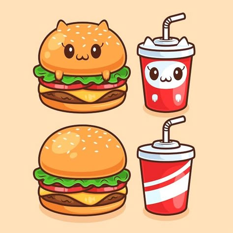 Cute burger and soda illustration | Premium Vector #Freepik #vector #eating-burger #burger #hamburger #burger-illustration Burger Cute Drawing, Burger Cartoon Art, Soda Illustration, Hamburger Drawing, Cartoon Hamburger, Kawaii Burger, Burger Illustration, Burger Drawing, Burger Art