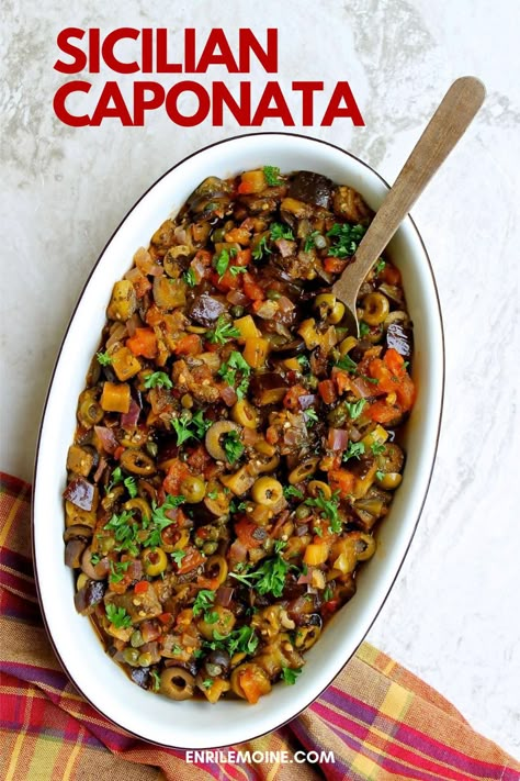 #AD This Sicilian Caponata is a cousin of the ratatouille. It's the perfect antipasto but it can also be served as part of a cold pasta salad, or over warm noodles. With a piece of rustic bread it is delicious and even better to pair with fish. Visit my blog for the step-by-step recipe #byenrilemoine Capanota Recipe, Caponata Salad, Sicilian Caponata Recipe, Sicilian Caponata, Vacation Dinners, Caponata Recipe, Mediterranean Appetizers, Tapas Appetizers, Italian Antipasto