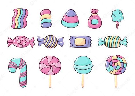 Premium Vector | Kawaii cute pastel set of candy sweets desserts with different types isolated on white background Candy Vector Illustration, Candy Painting Easy, Candy Drawing Cute, How To Draw Candy, Candy Drawing Easy, Cute Candy Drawing, Candy Illustration Art, Candy Art Drawing, Candy Doodles