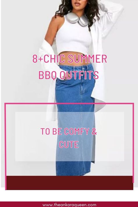 A cropped image of a woman wearing a cropped white tank top under a long white button down dress short. She wears a blue denim maxi skirt with a pair of headphones around her neck. Bbq Outfit Ideas Casual, Bbq Outfit Ideas Summer, Outfits For Midsize Women, Outfits For Midsize, Bbq Outfit Ideas, Outfit Ideas For The Summer, Barbecue Outfit, Style A Denim Skirt, Summer Bbq Outfit