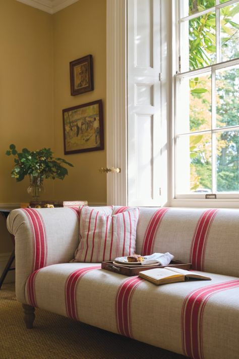 Discover our range of lightweight striped linens, and order your free fabric samples today ❤️ 📸 Exbury Sofa in Ganton Woven Linen Stripe Red #stripedfabric #fabricdesign #interiordesign #bespokefurniture Red Check Sofa, Striped Couch Living Room, Ticking Stripe Sofa, Sofa Upholstery Ideas Fabrics, Stripe Sofa, Country Homes Interiors, Striped Couch, Cottage Lounge, Cottagecore Living