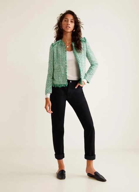 16 Tweed Jackets to Wear With Jeans This Fall | Glamour Chanel Blazer Outfit, Green Tweed Jacket Outfit, Tweed Jacket Outfit Casual, Tweed Jacket Outfit, Chanel Blazer, Chanel Style Jacket, Tweed Outfit, Ripped Denim Pants, Womens Tweed Jacket