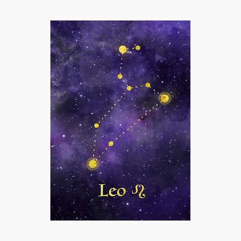 Get my art printed on awesome products. Support me at Redbubble #RBandME: https://www.redbubble.com/i/photographic-print/Leo-Zodiac-constellation-birthday-July-to-August-astronomy-astrology-horoscope-watercolour-space-painting-with-gold-effect-stars-font-and-symbol-by-Mindreader/25358849.6Q0TX?asc=u Leo Canvas Painting Ideas, Leo Vibes Only Painting, Leo Painting Ideas, Leo Painting Zodiac, Horoscope Painting, Leo Painting, Watercolour Space, Leo Zodiac Constellation, Zodiac Leo Art