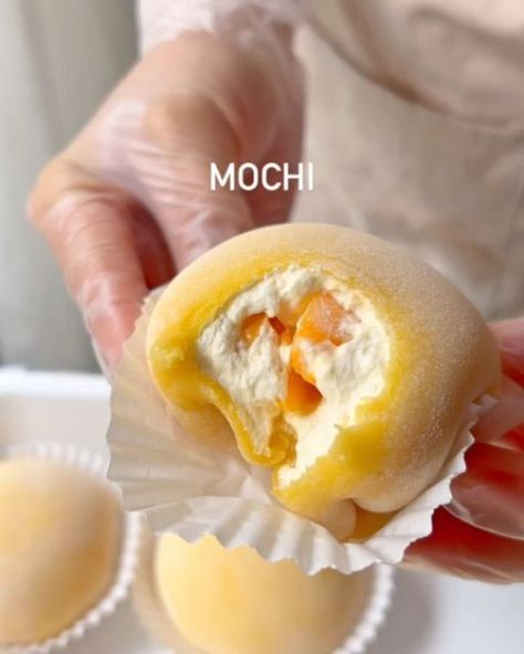 FOOD VALLEY on Instagram: "Mango mochi🥭🥭🍧 recipe👇👇  Ingredients:  Mochi:  110g glutinous rice flour 30g cornstarch 40g granulated sugar 185ml milk 15g unsalted butter 10g pumpkin powder Filling 300ml heavy cream 30g granulated sugar Fresh mango cubes . Steps:  In a clean bowl (microwave-safe), mix well glutinous rice flour, cornstarch,granulated sugar, pumpkin powder and milk until smooth. Sift once, cover it with microwave-safe plastic wrap, prick some holes on the plastic wrap, and steam until fully cooked (about 20-30 minutes). Or You can microwave it until fully cooked(about 3 minutes).  How to tell if it is fully cooked?  -The batter turns into solid dough. You Can find no floating flour liquid inside the dough. The color is translucent.  Transfer the dough into the stand mixer b Mango Mochi Recipe, Mango Mochi, Pumpkin Powder, Mochi Recipe, Easy Puddings, Glutinous Rice Flour, China Food, Sugar Pumpkin, Food Projects