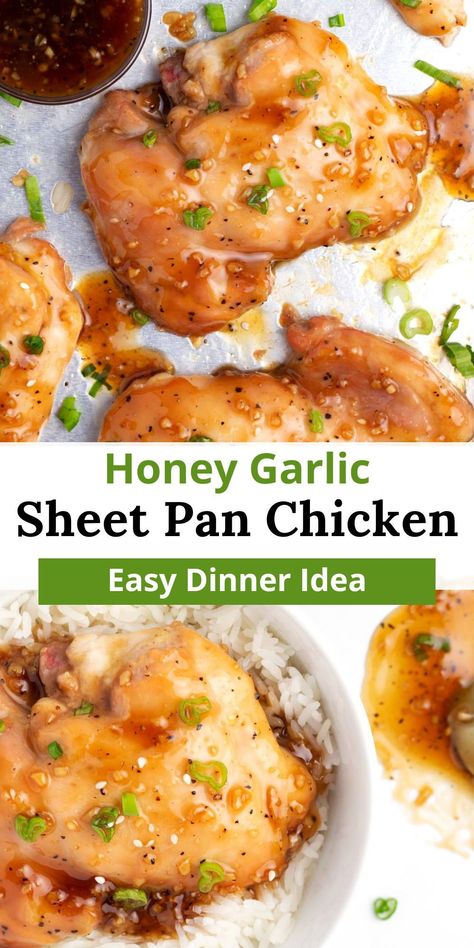 Easy Weeknight Sheet Pan Chicken: Enjoy this honey garlic chicken recipe featuring boneless, skinless chicken thighs baked in a sweet & sticky glaze. Quick to make, this 25-minute meal requires just a few ingredients and is perfect served over rice! Boneless Chix Thigh Recipes, Boneless Chicken Thigh Recipes Sheetpan, Honey Garlic Chicken Without Soy Sauce, Garlic Sticky Chicken, Boneless Skinless Chicken Thigh Recipes Baked Soy Sauce, Sheet Pan Chicken Bites, Chicken Thigh Easy Recipes, Boneless Skinless Chicken Thigh Dinner Ideas, Chopped Chicken Thigh Recipes