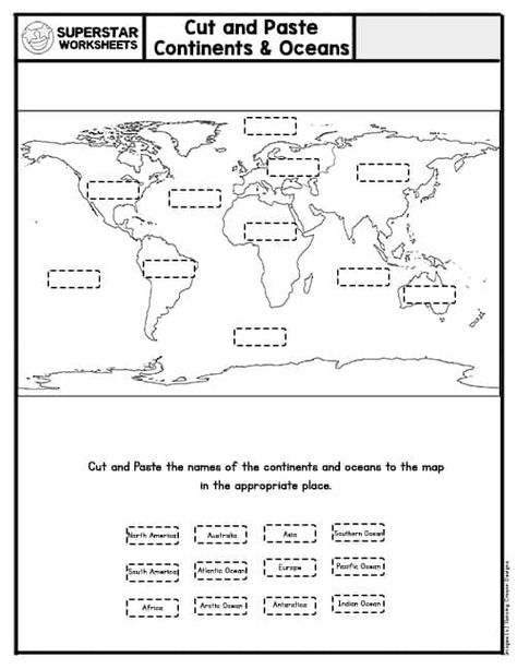 Our Seven Continents and Oceans Worksheets are a passport to fun and learning for your students' growing minds. These world map worksheets will help them learn the seven continents and 5 oceans that make up this beautiful planet. Geography opens beautiful new doors to our world. Download these free printable worksheets and get your expand your students' horizons. The Seven Continents Worksheet, World Map Worksheets Free Printable, Geography Terms Printable, Blank Map Of Continents And Oceans To Label, World Map Continents And Oceans, Ocean And Continents Activities, Continents Worksheet Free Printable, Continent Worksheets Free Printable, Blank Continent And Ocean Map